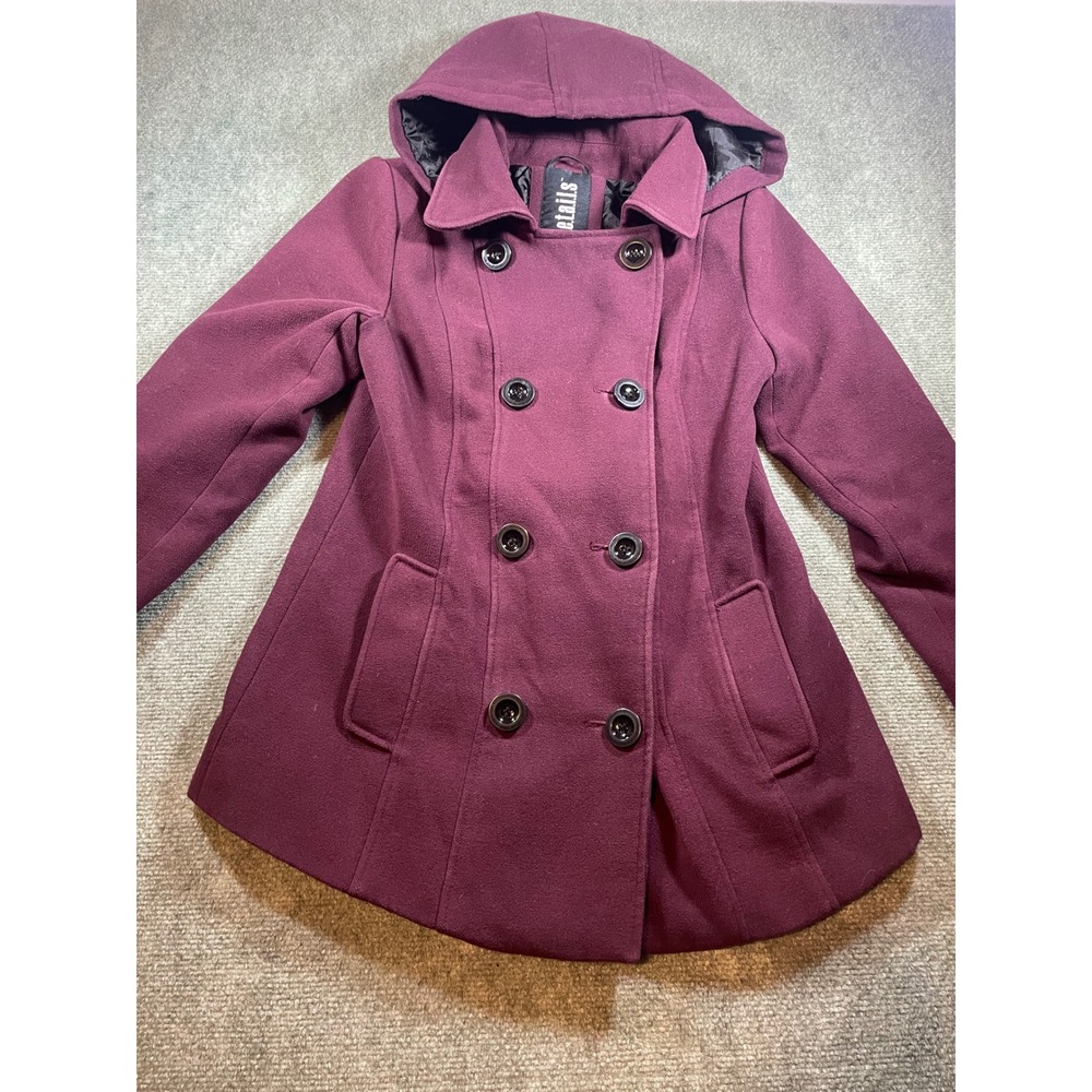 Details Intl Burgundy Double Breasted Hooded Pea Coat Jacket Small